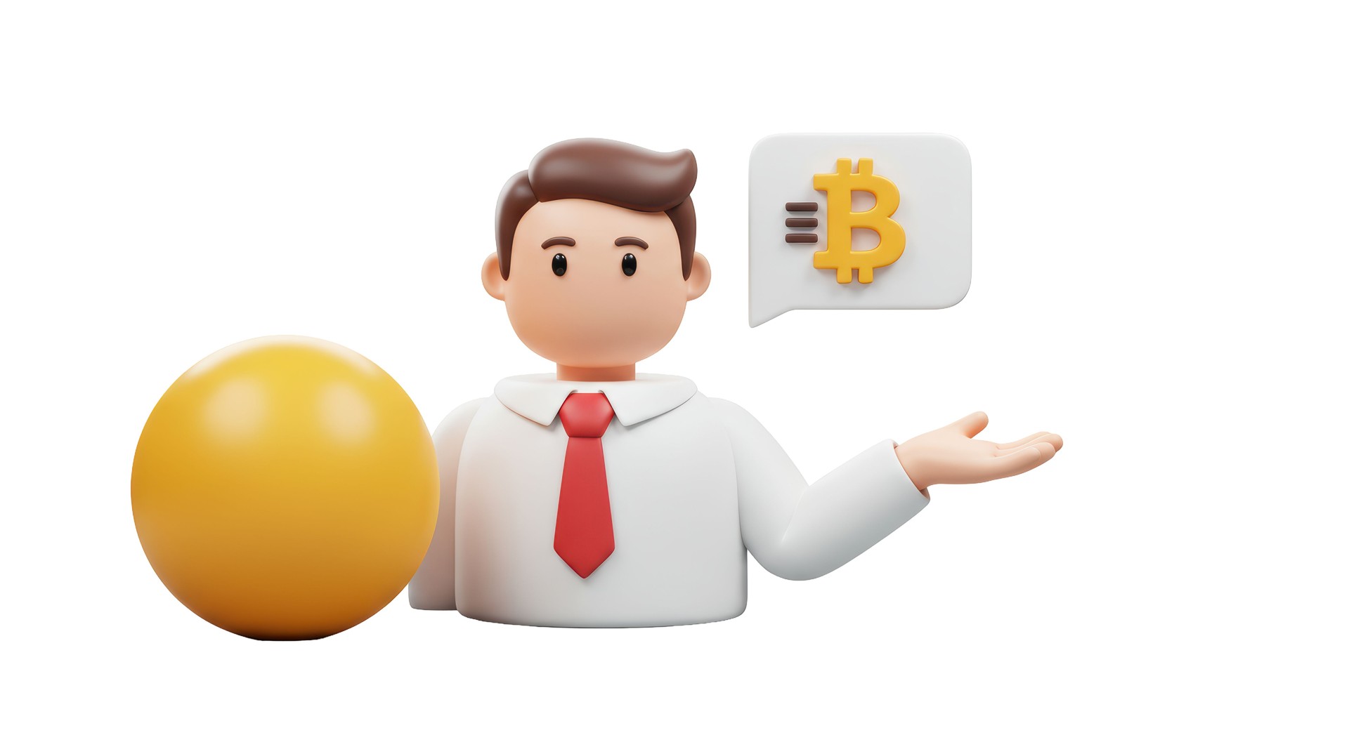 Isolated 3D Man Offering Bitcoin Advice with Speech Bubble